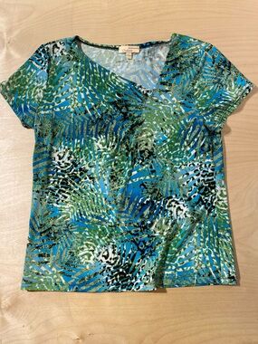 Choices Blue & Green Tropical Print V-Neck Short Sleeve Top Small (RD)